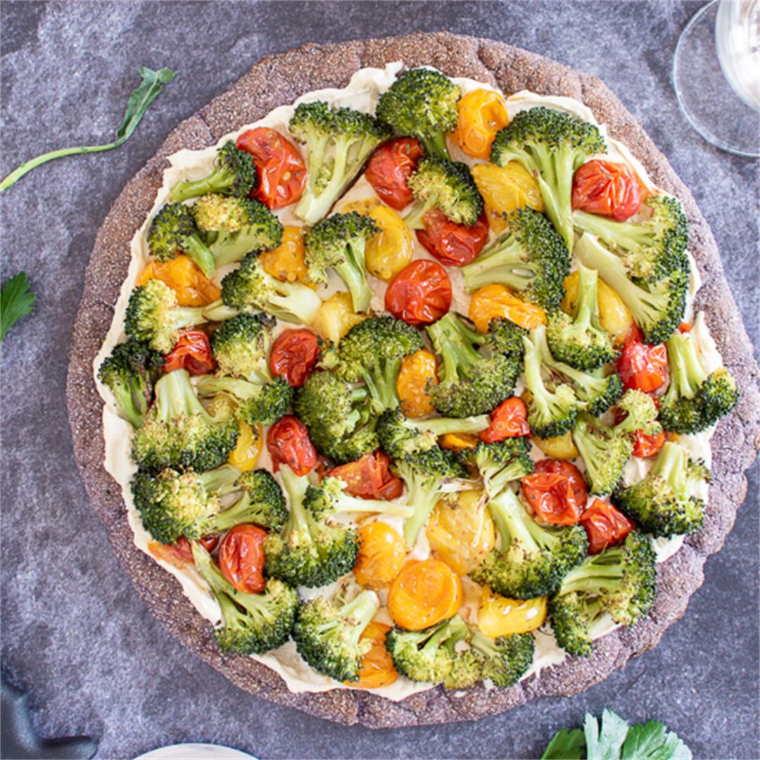 RUSTIC LOW CARB PIZZA CRUST with Vegan Cheese and Veggies