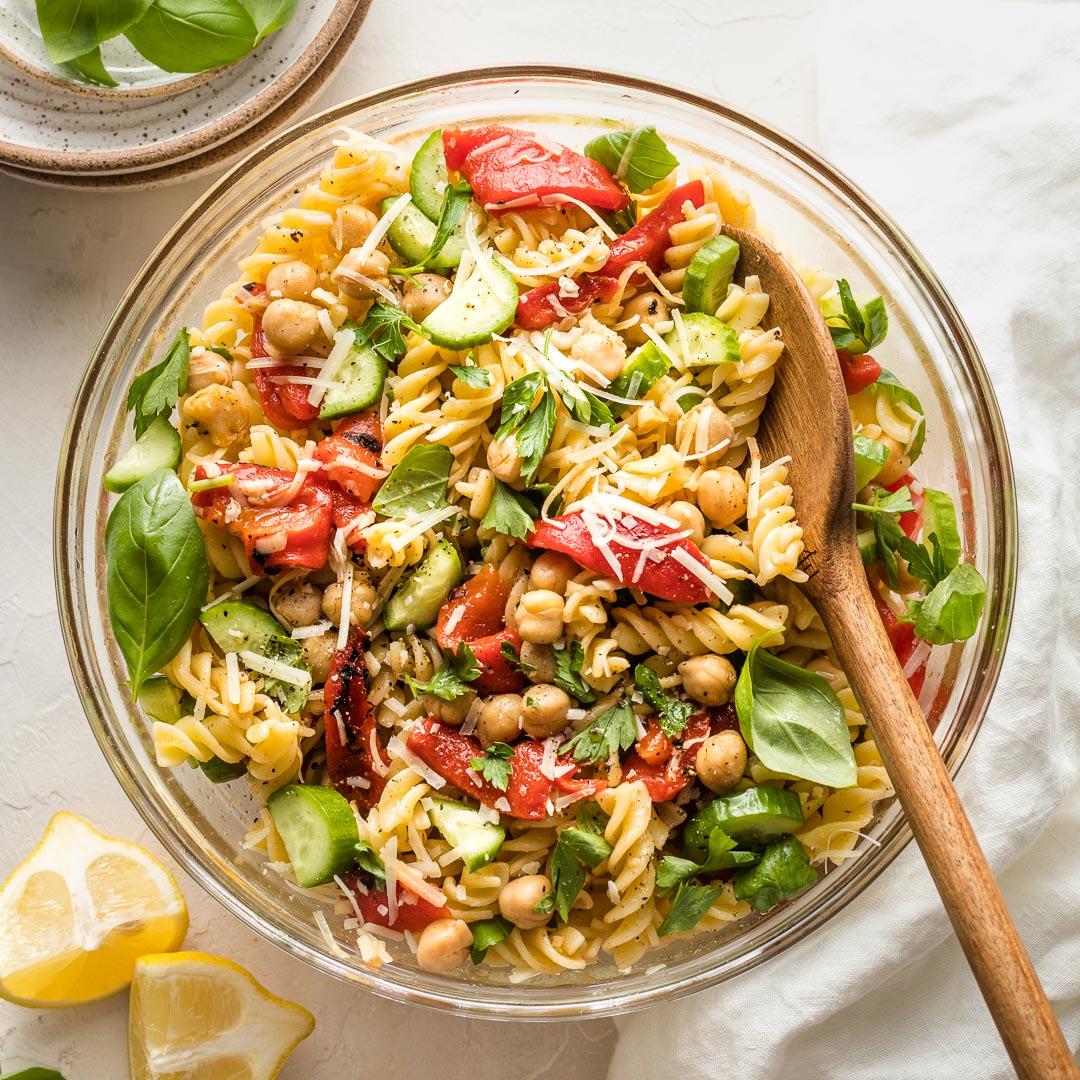 Pasta Salad with Chickpeas and Roasted Red Pepper