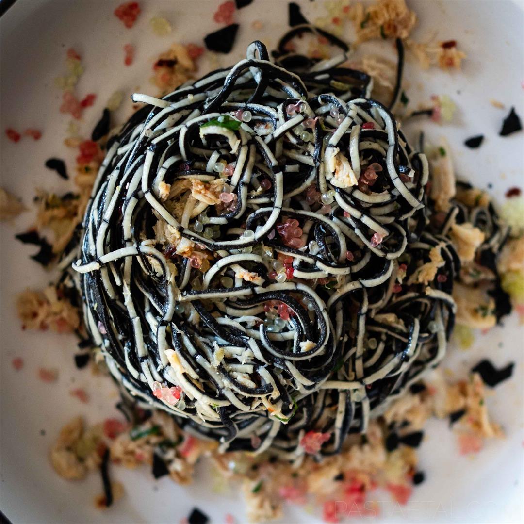 Saltbush and Squid Ink Tagliolini with Crab and Finger Lime