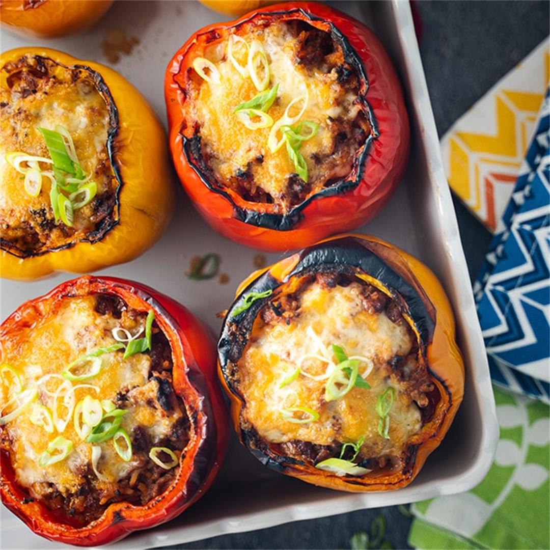 Stuffed peppers with ground beef and Portuguese chouriço