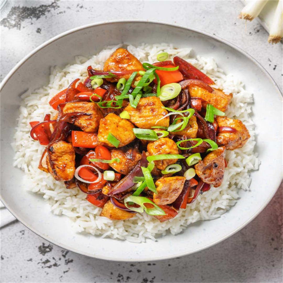 Sweet and Sour Style Chicken with Pepper and Rice