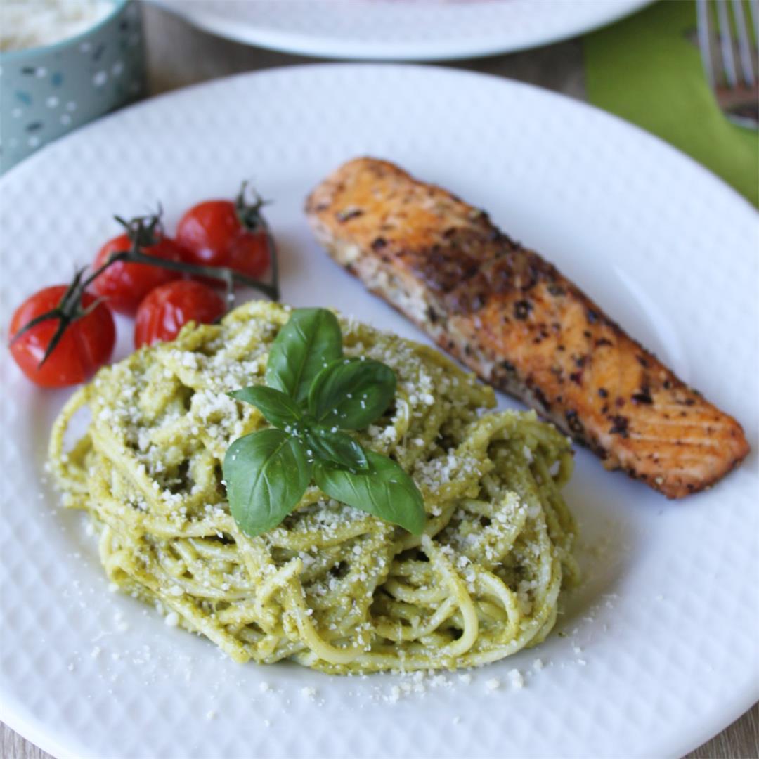 Pesto Spaghetti with Roasted Tomatoes and Grilled Salmon