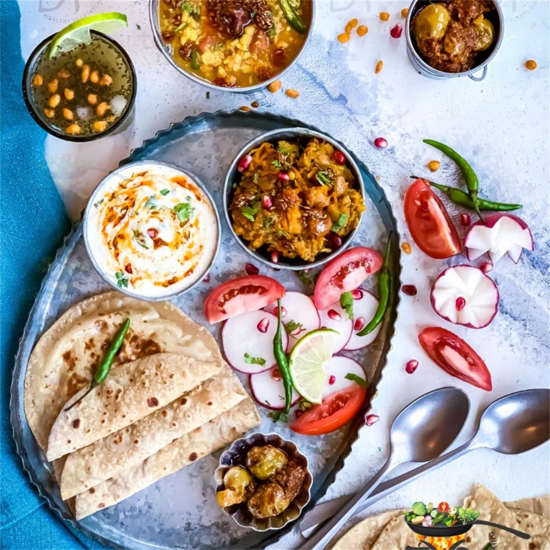 Pumpkin Curry & Urad Chana Dal with Raita, Roti & Pickle