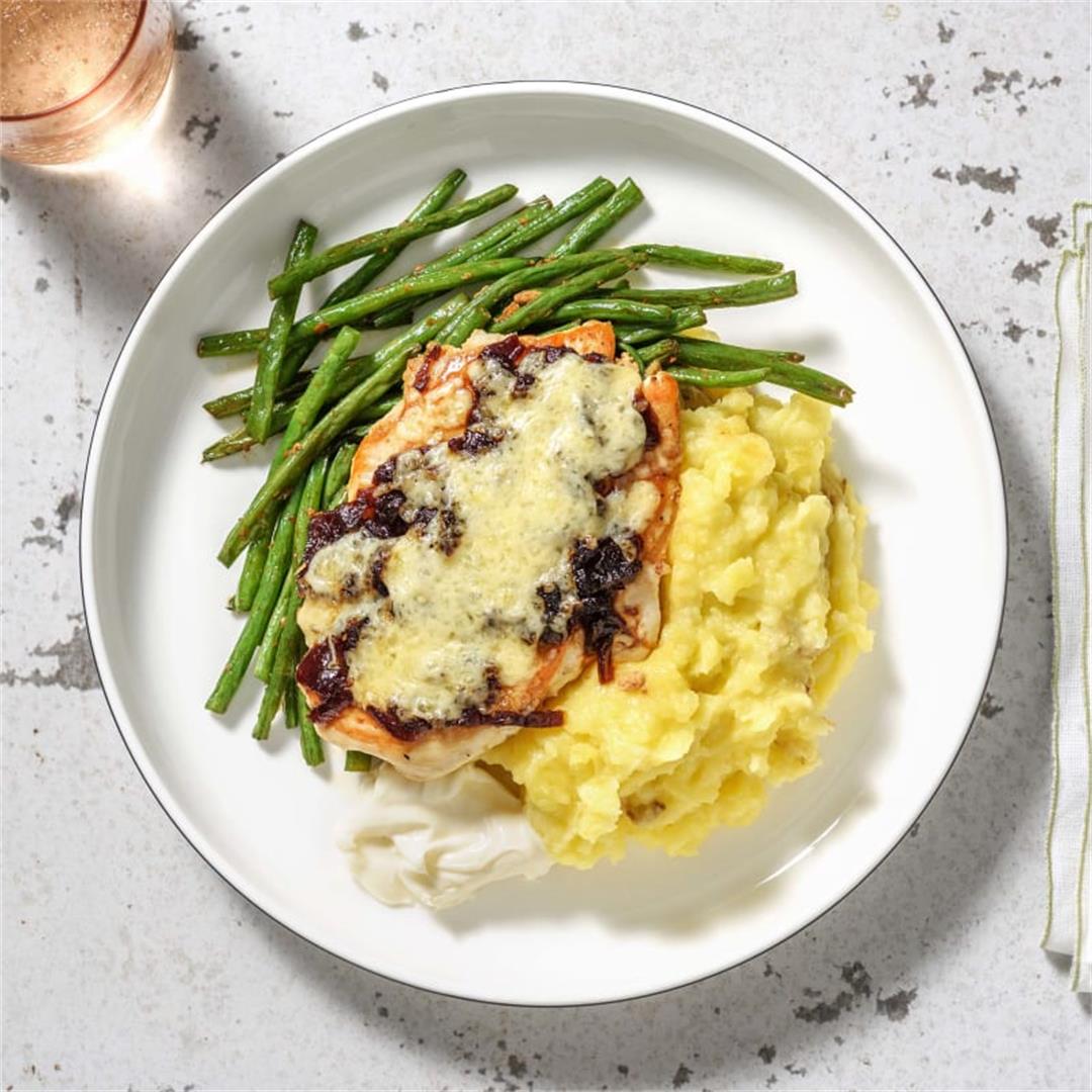 Cheese and Caramelised Onion Chicken with Garlic Mash and Stir-