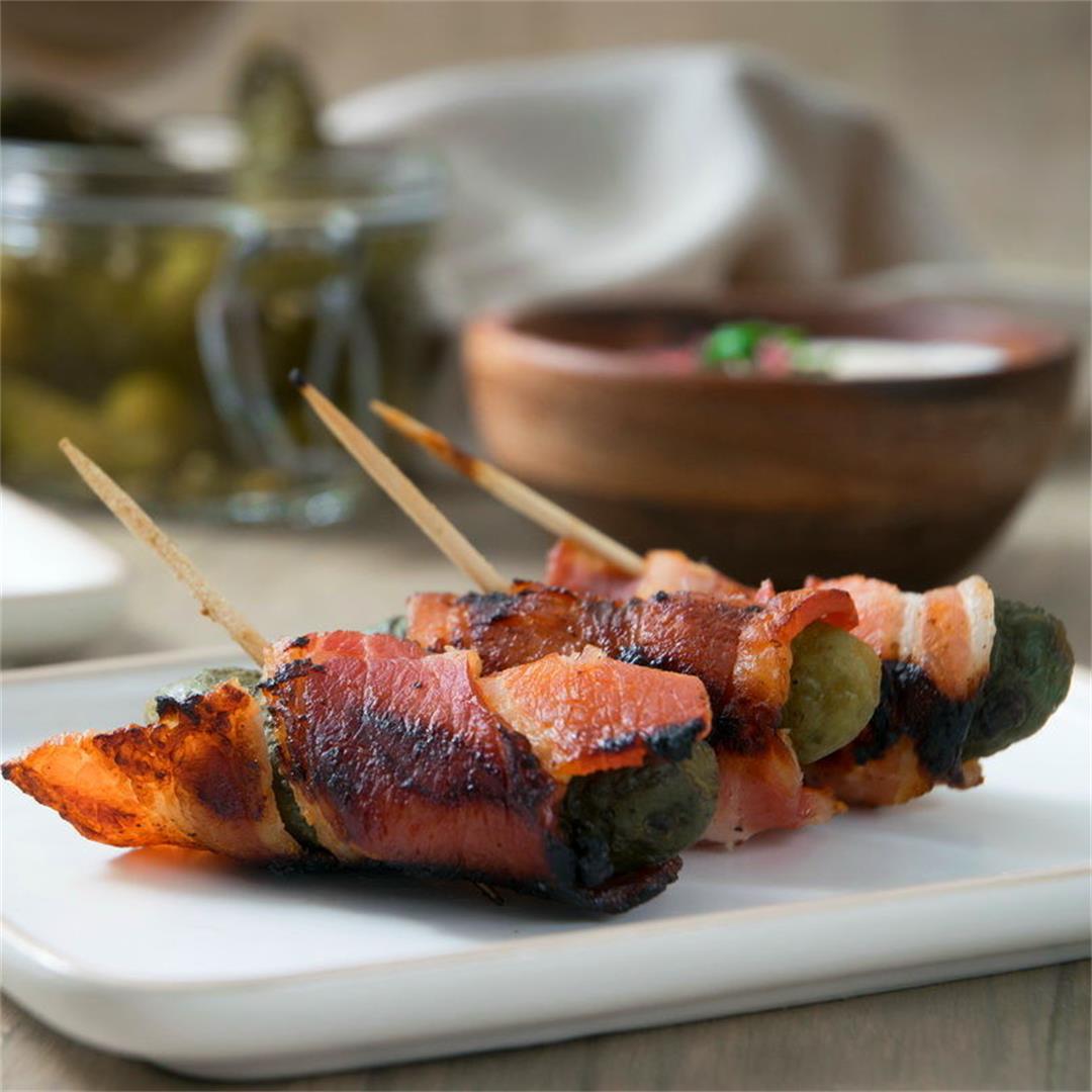 Grilled Bacon-Wrapped Pickles with a Creamy Garlic Dip
