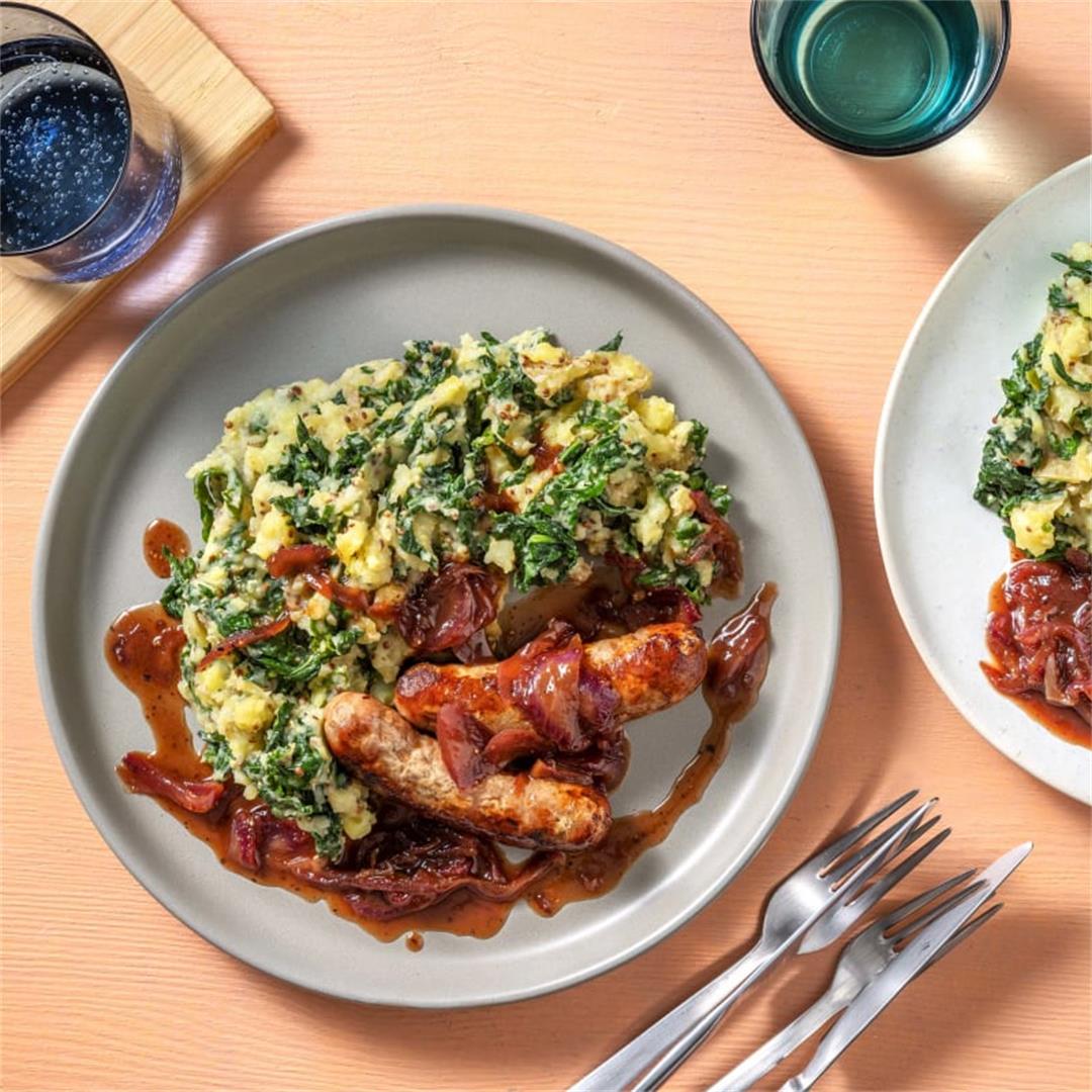 Honey Mustard Sausages with Cavolo Nero Colcannon and Balsamic