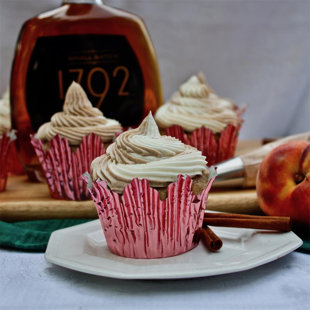 Easy Peach Cupcakes with Bourbon and Cinnamon Swirl Frosting!