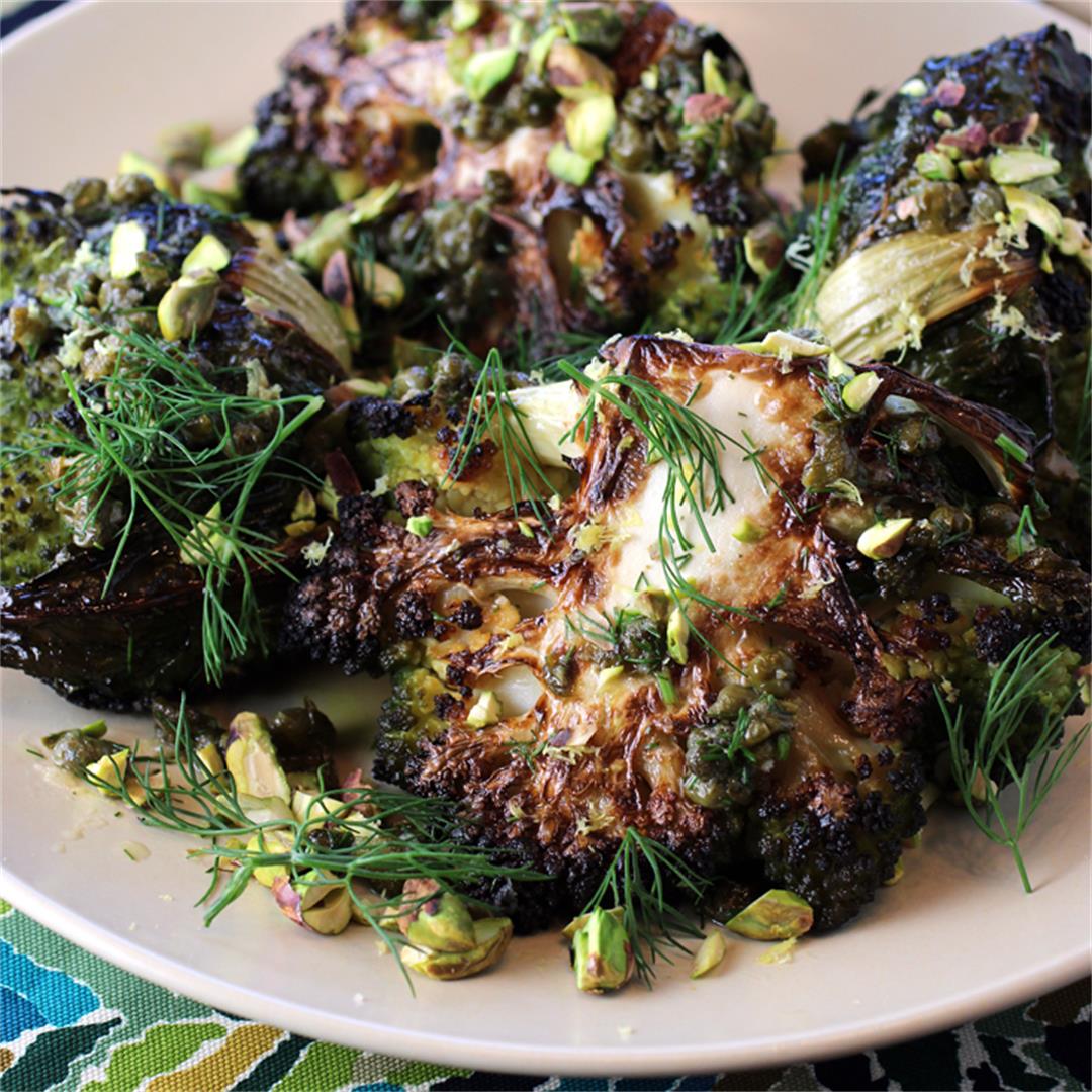Roasted Romanesco with Pistachios, and Fried Caper Vinaigrette