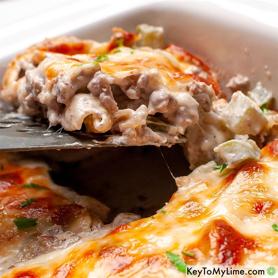 BEST Easy Philly Cheesesteak Casserole with Pasta