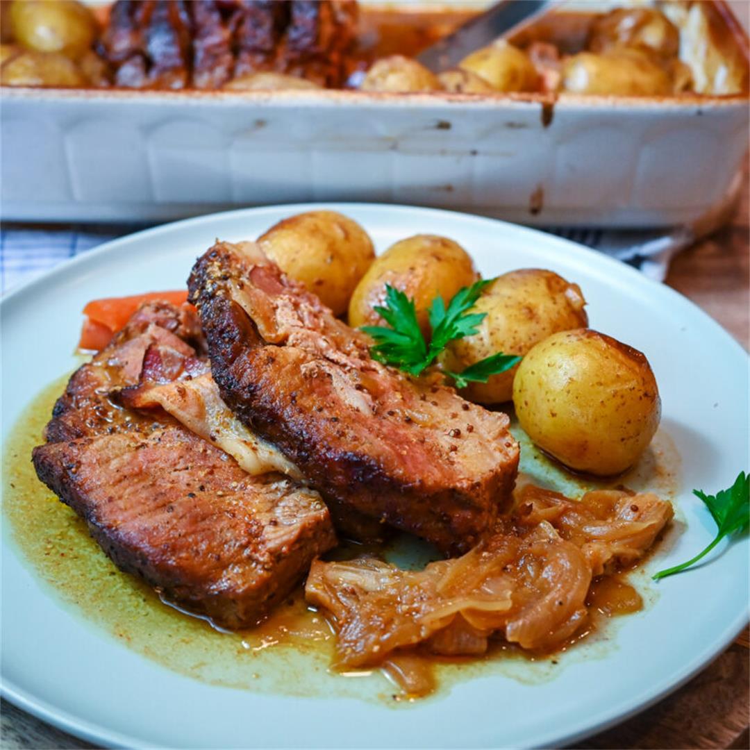 Pork Neck (Collar) Baked With Bacon, Onions And Potatoes