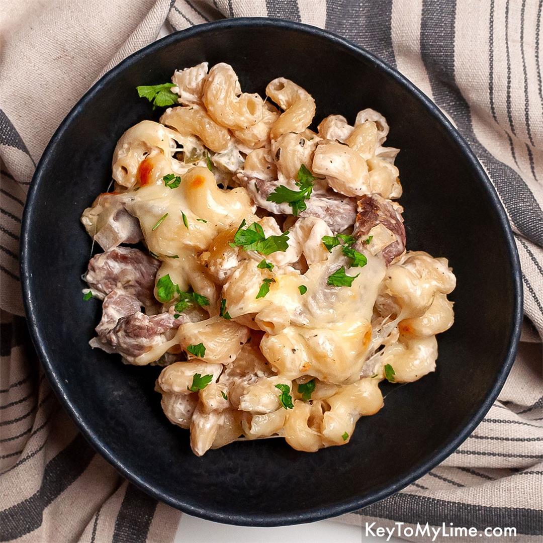 Philly Cheesesteak Pasta with Cream Cheese and Steak Strips