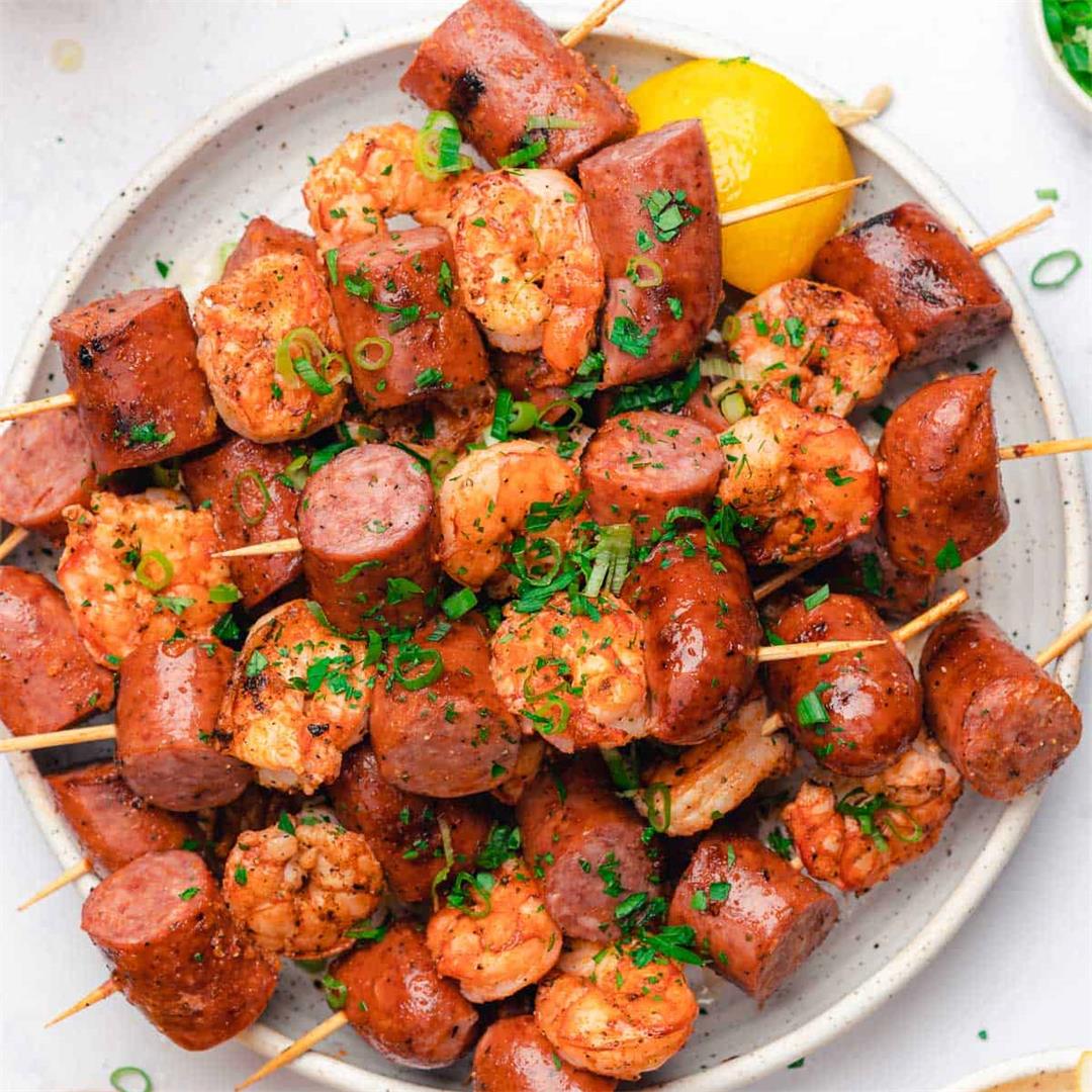 Grilled Smoked Sausage & Shrimp Skewers