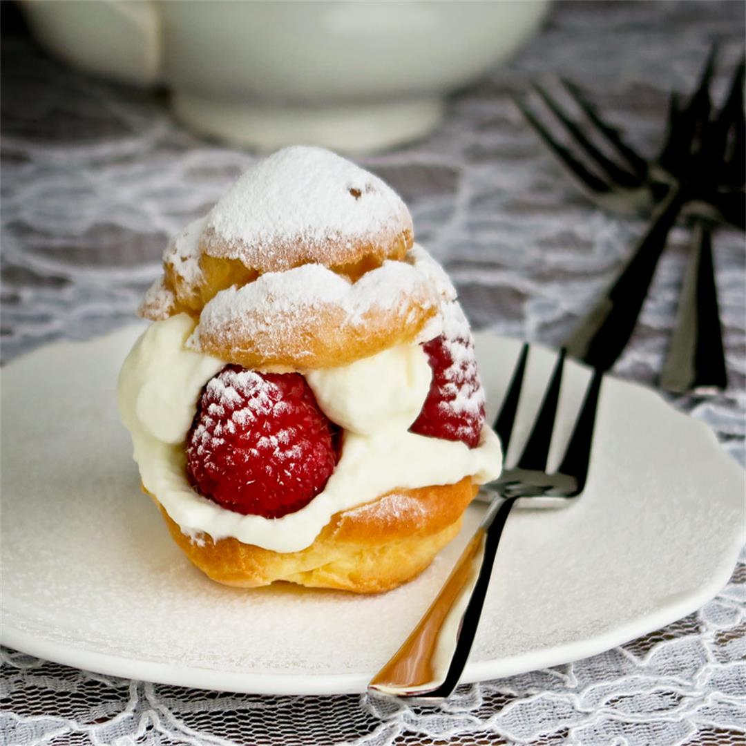 Light and delicate choux puffs, whipped cream and raspberries!