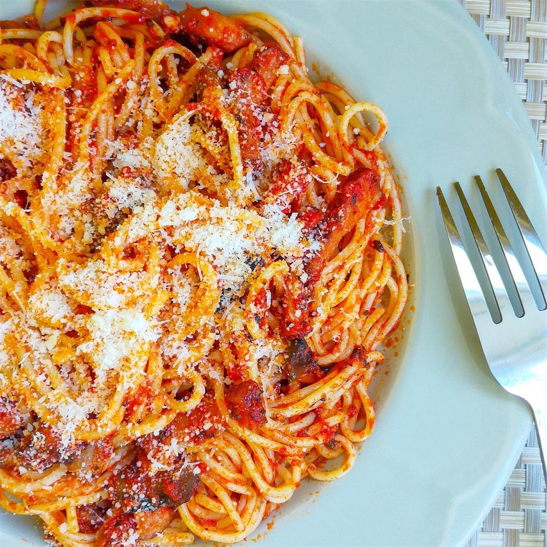 Bacon, Mushroom And Tomato Pasta (Spaghetti)