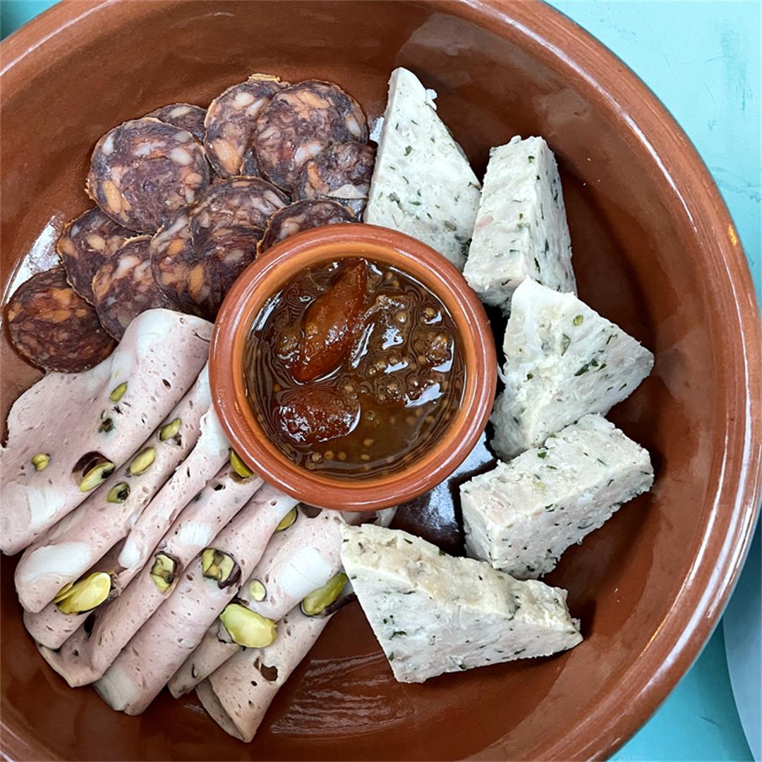 Chorizo, mortadella, and rabbit terrine with housemade mostardo