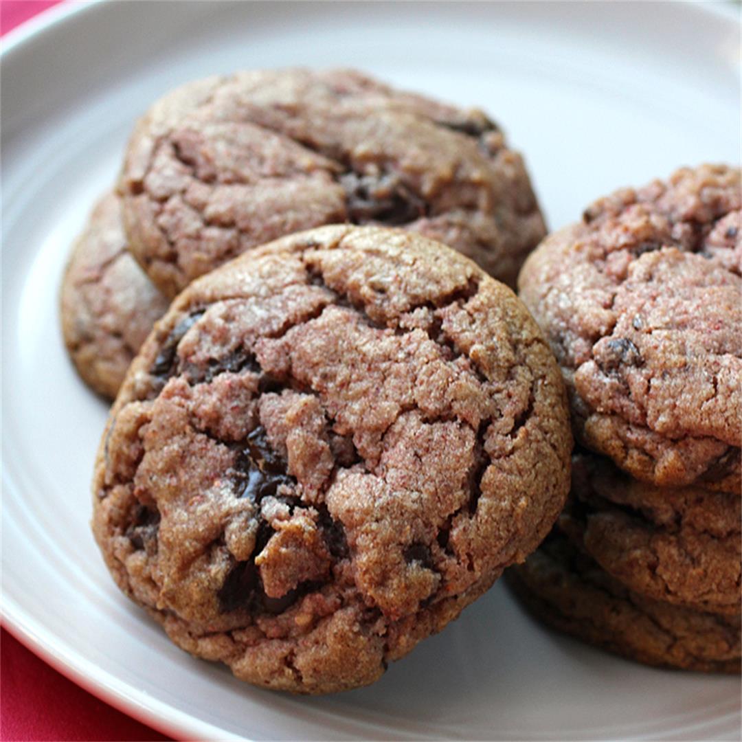Chocolate chunk cookies with freeze-dried raspberries