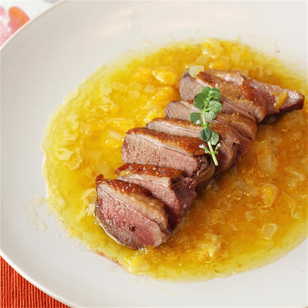 Seared duck breast with caramelized orange butter