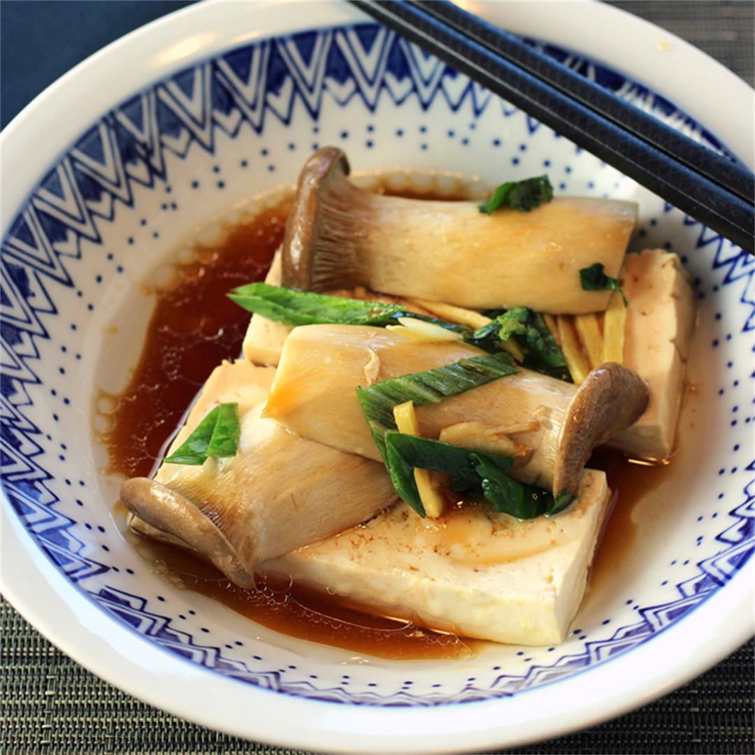 Steamed tofu and mushrooms with ginger, scaliions, and hot oil