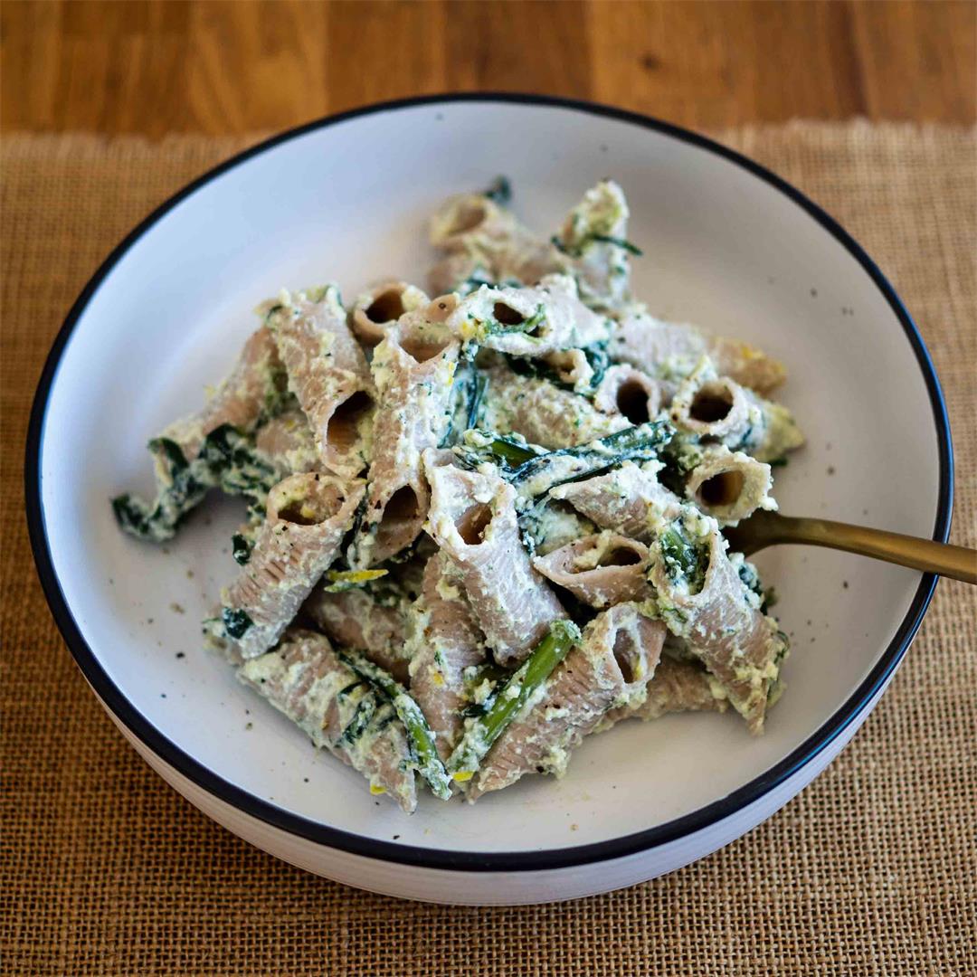 Sumac Garganelli with Ricotta, Chicory, and Spinach