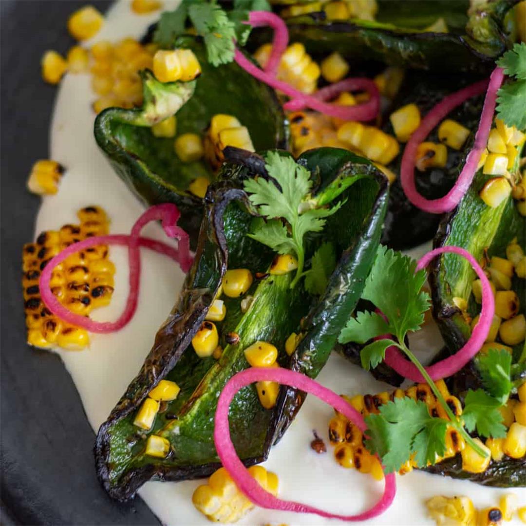 Grilled Poblanos, Corn, Pickled Onion Salad
