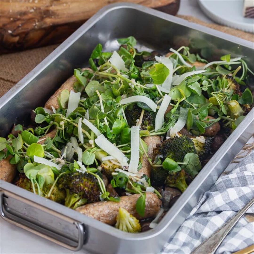 Sausage tray bake with broccoli & mushrooms