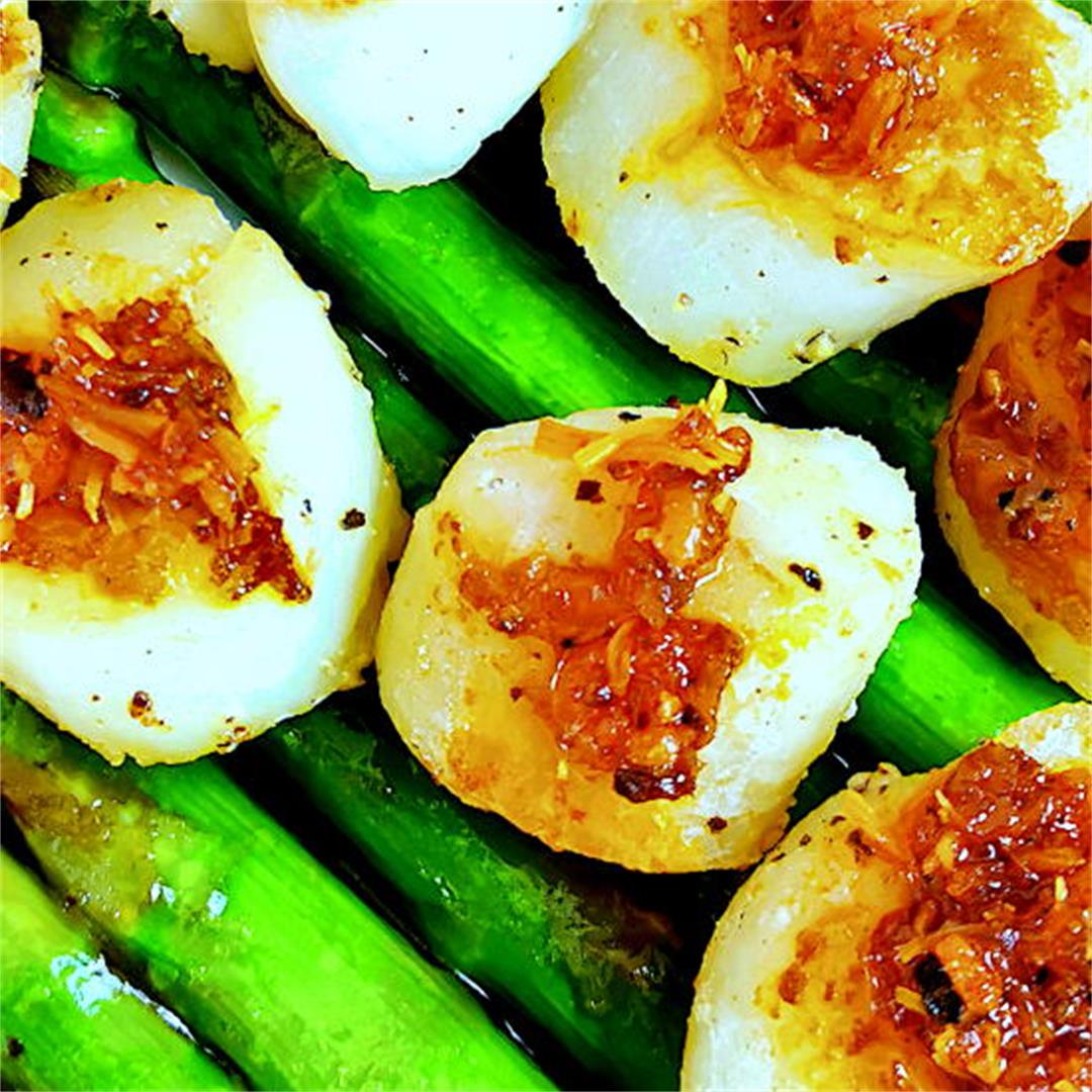 Pan-seared scallops with asparagus stir-fry