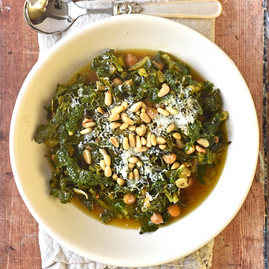 chard, broccoli and chickpea broth with basil and pine nuts