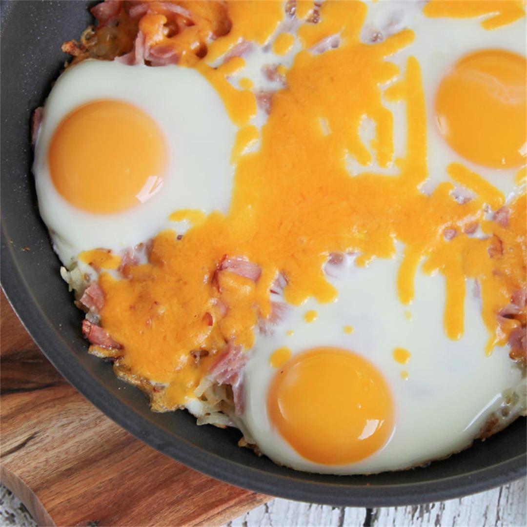 Hash Brown Breakfast Skillet with Ham, Eggs and Cheese