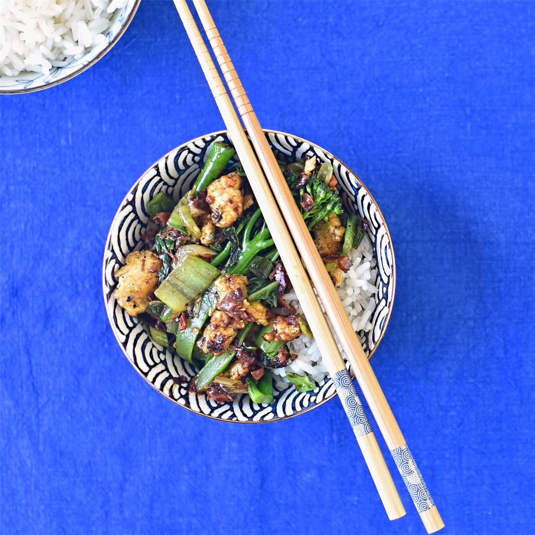 tofu, pak choi and broccoli with vegan XO sauce