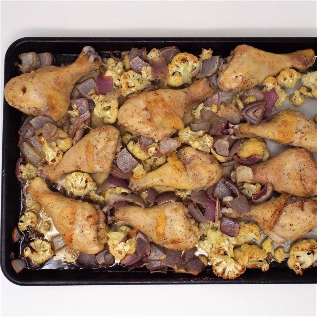 Roasted Chicken Drumsticks with Cauliflower and Red Onion
