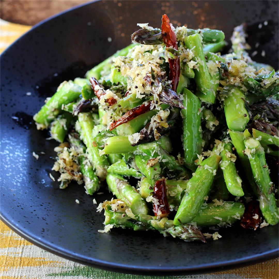 Asparagus with chilies, mustard seeds, and coconut