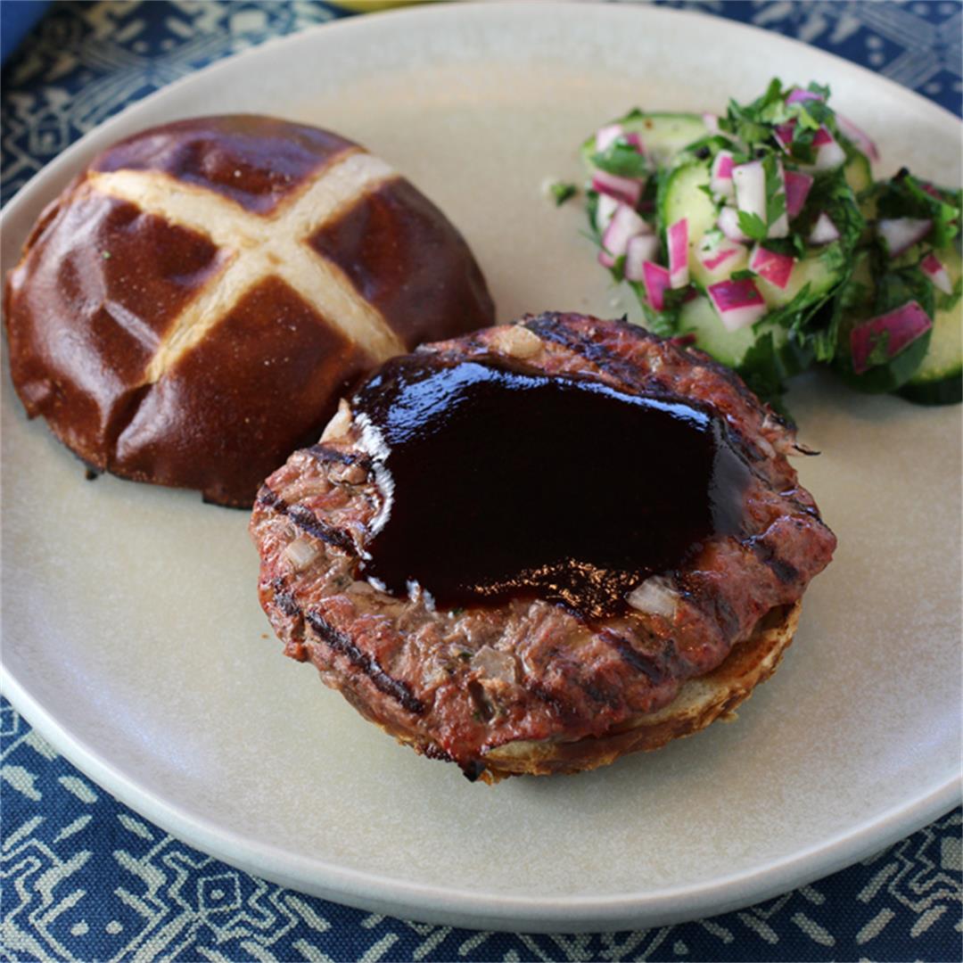 Lamb-Beef Burgers with Pomegranate Molasses Barbecue Sauce