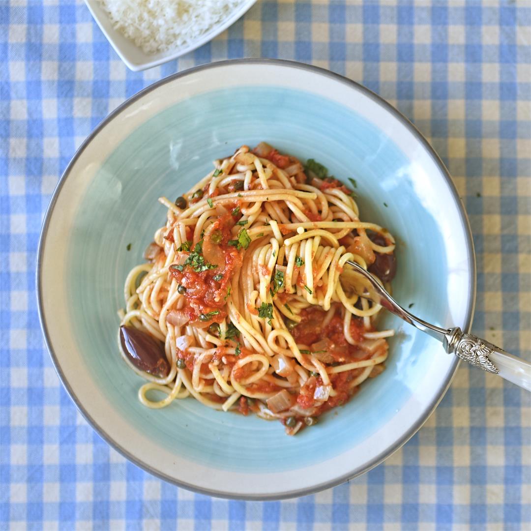 spaghetti with olive, caper and tomato sauce