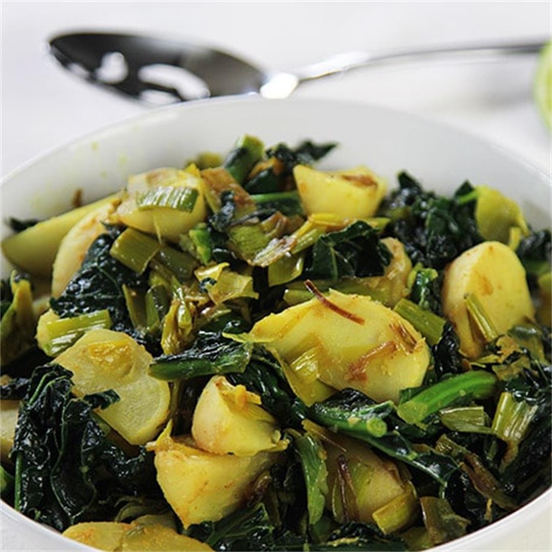 Braised Baby Turnips and Greens with turmeric and garlic
