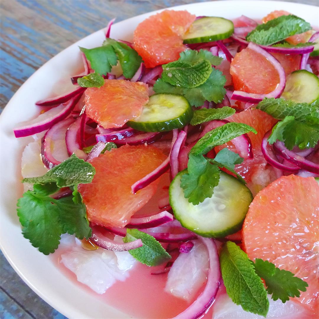 Bacalao ceviche recipe with pickled cucumber and grapefruit