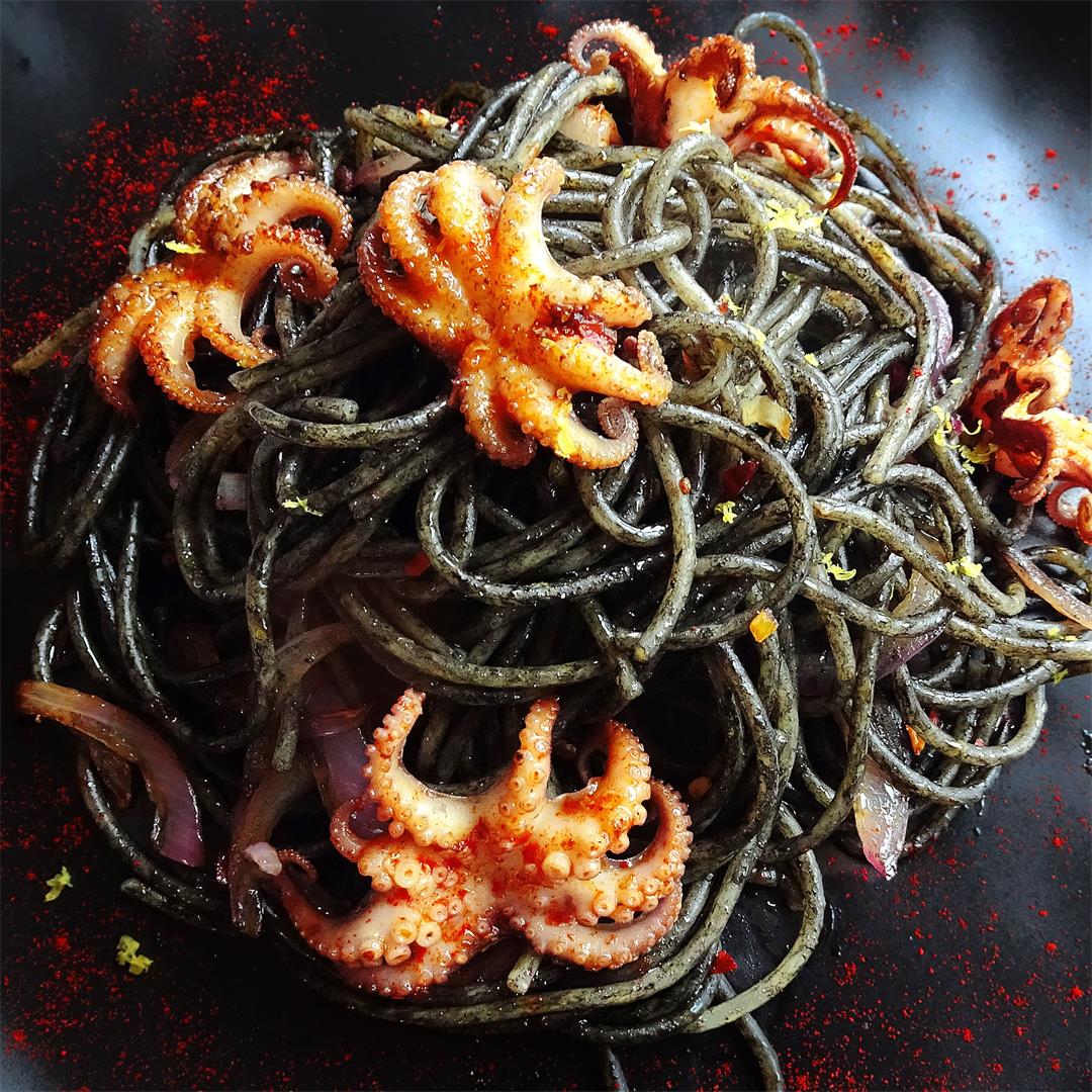 Squid ink pasta with baby squid (30 min recipe)
