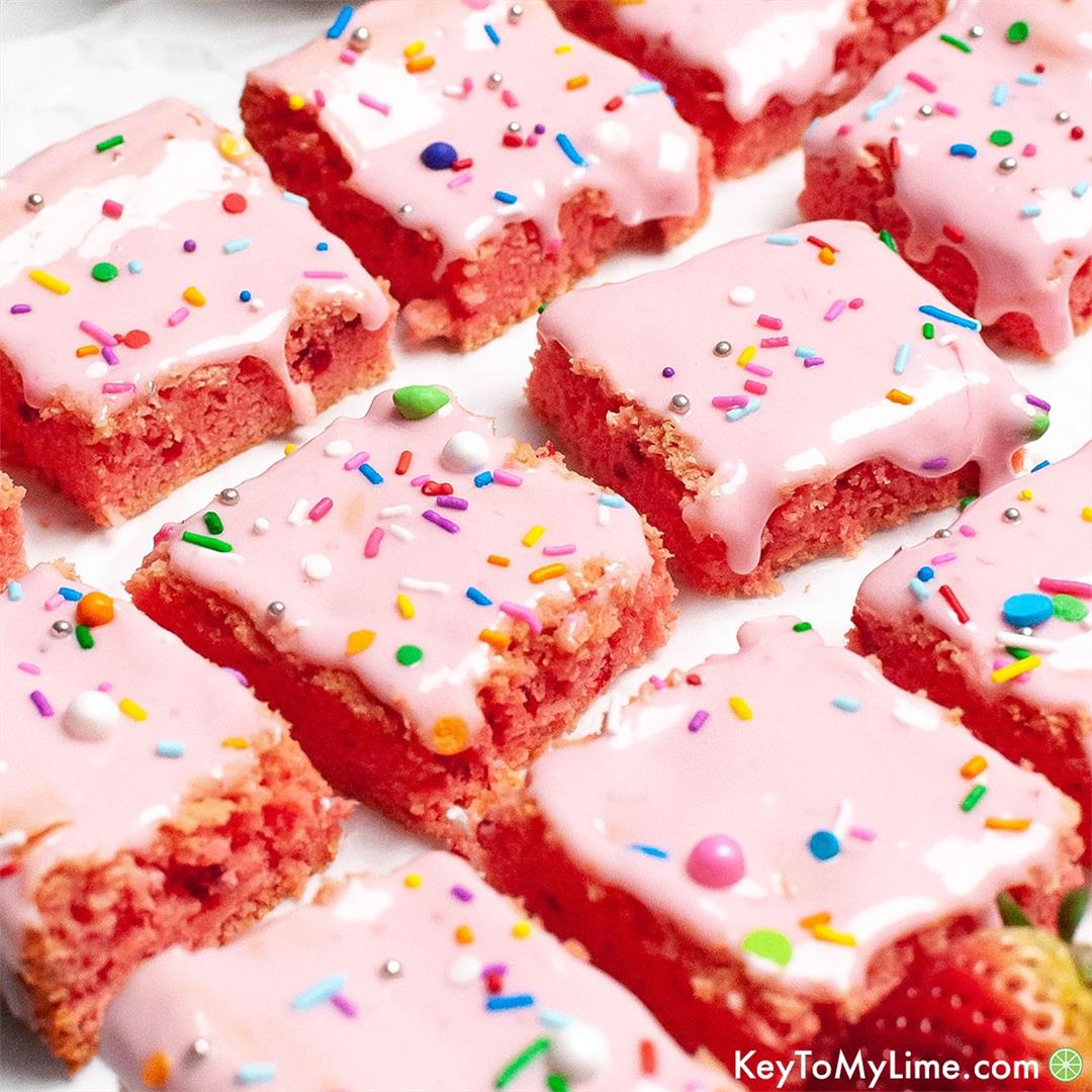 Strawberry Brownies Out Of Cake Mix {With Frosting}