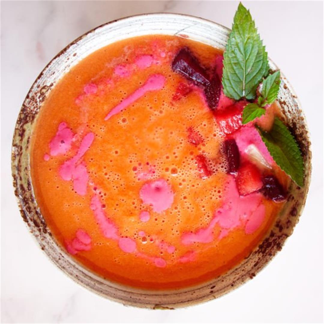 Watermelon gazpacho with a yogurt and beetroot drizzle