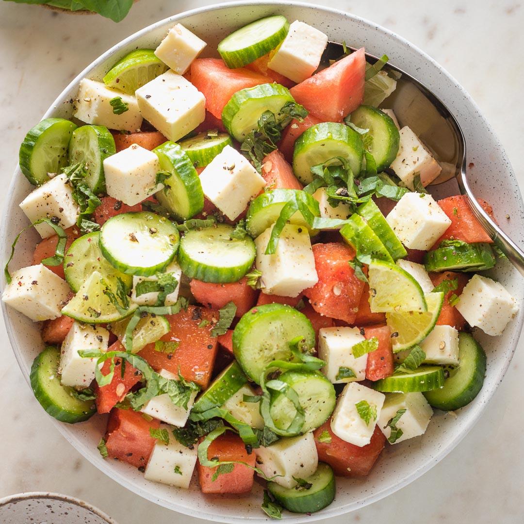 Watermelon Cucumber Salad with Feta and Mint