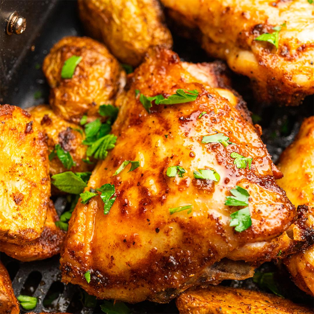Air Fryer Chicken Thighs and Potatoes - From My Pantry