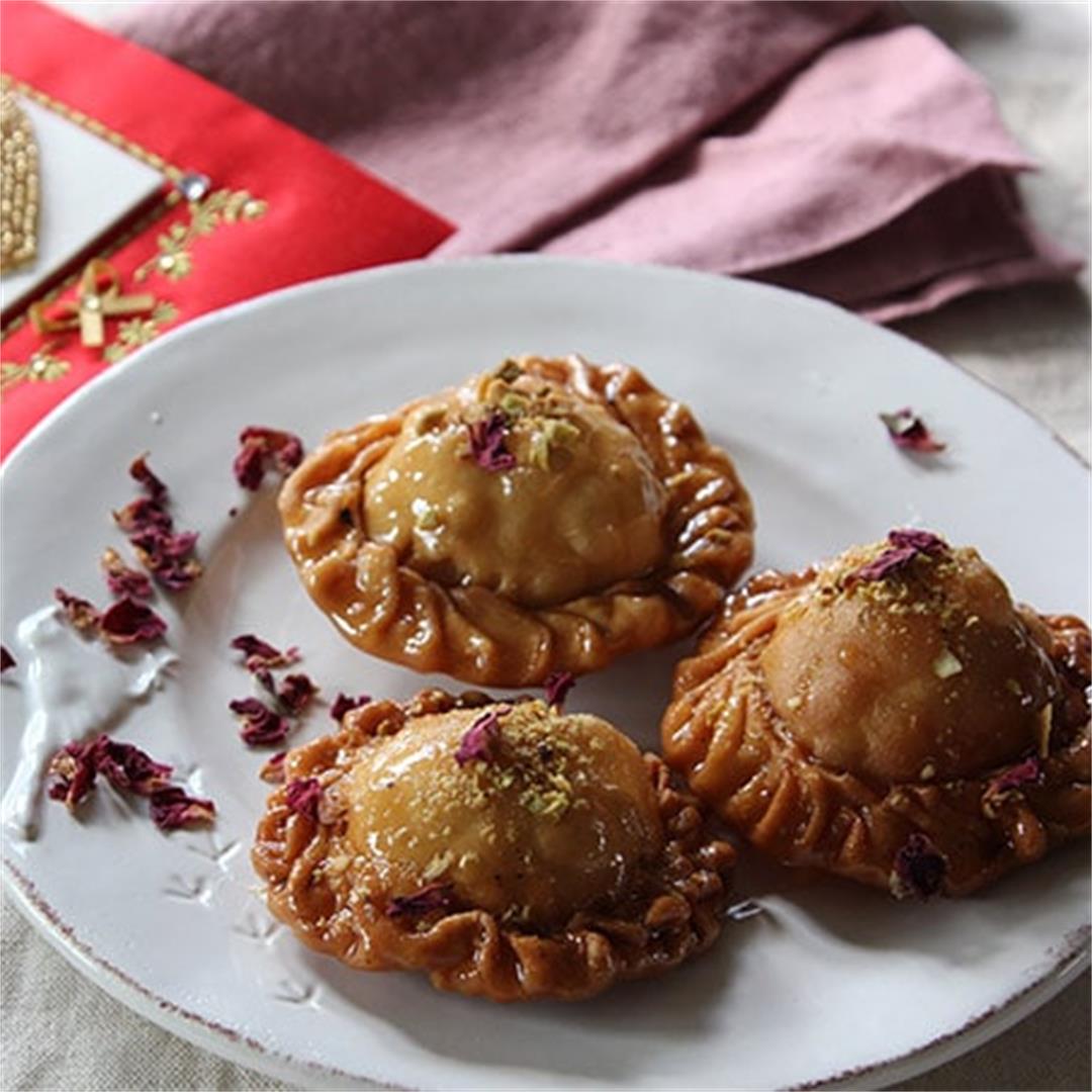 Pistachio and Apricot Pastries (Chandrakala) in Rose Syrup