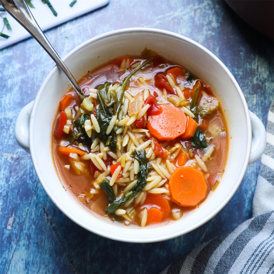 Vegan Orzo Soup with Fire Roasted Tomatoes