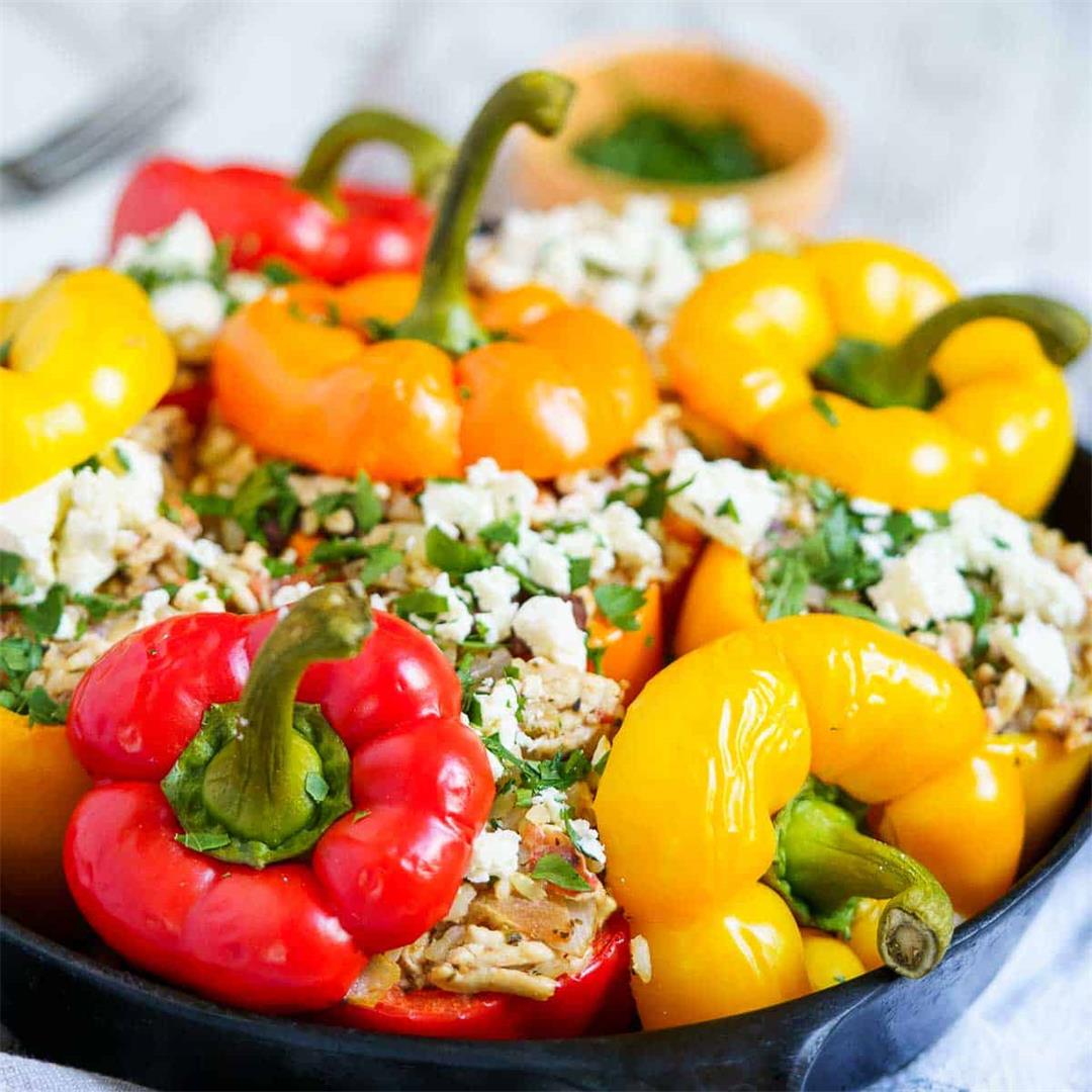 Greek Ground Chicken Stuffed Peppers with Feta and Tomatoes