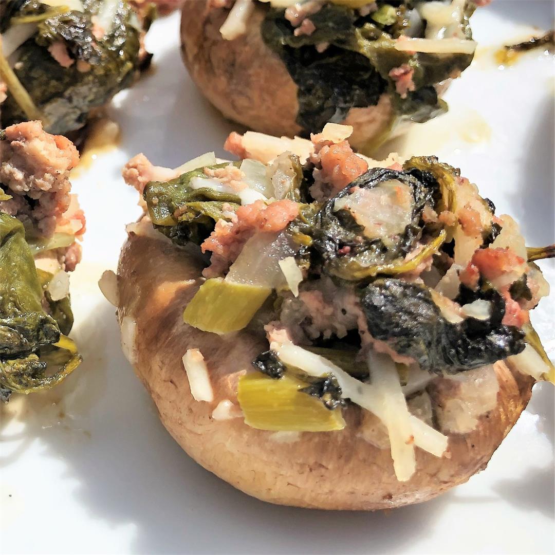 Grilled Mushrooms stuffed with lamb and broccoli rabe