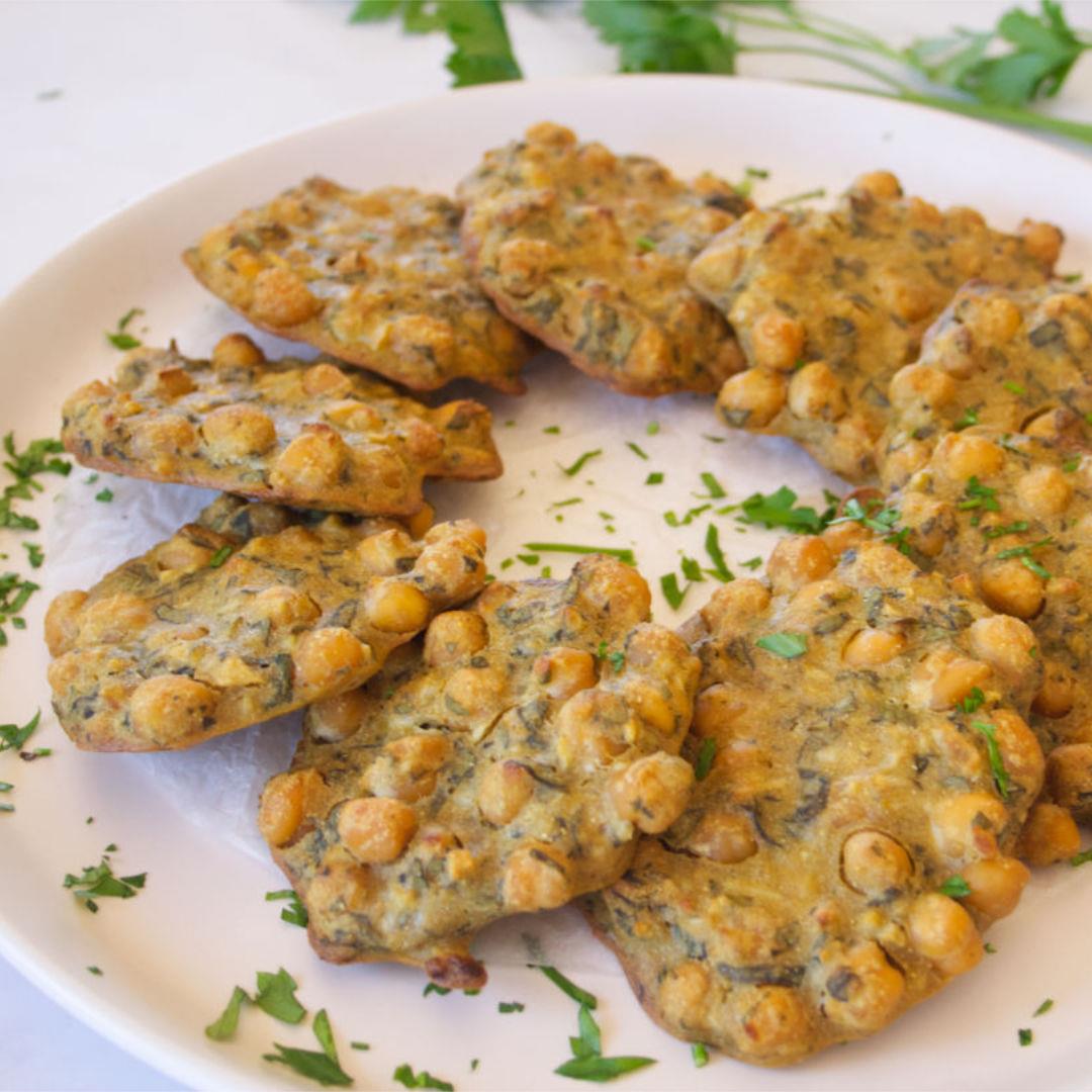 Mediterranean Chickpea Fritters (with Romesco Dipping Sauce)