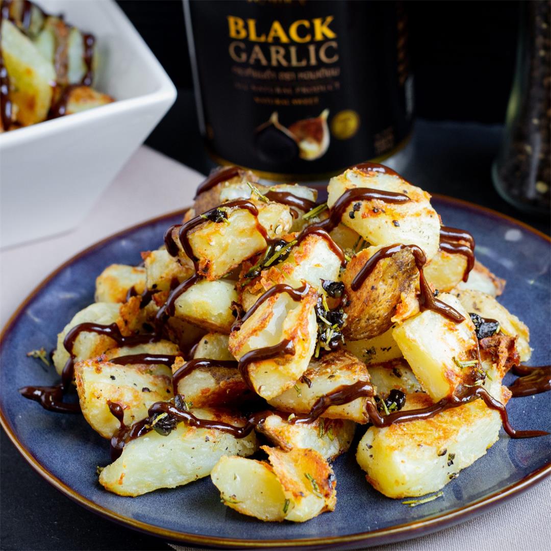 Smashed Potatoes with Black Garlic Sauce