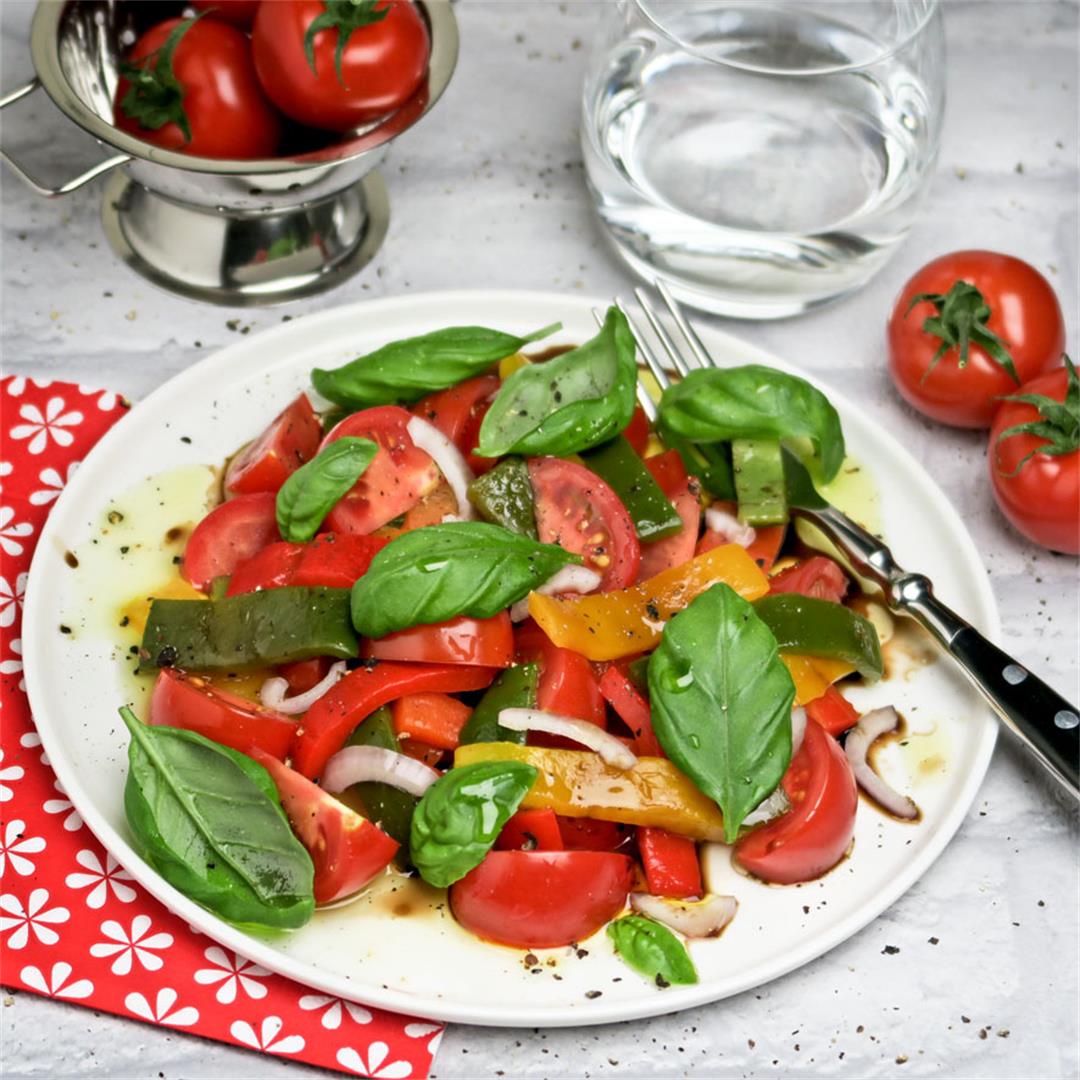 Mediterranean bell pepper and tomato salad with fresh basil!