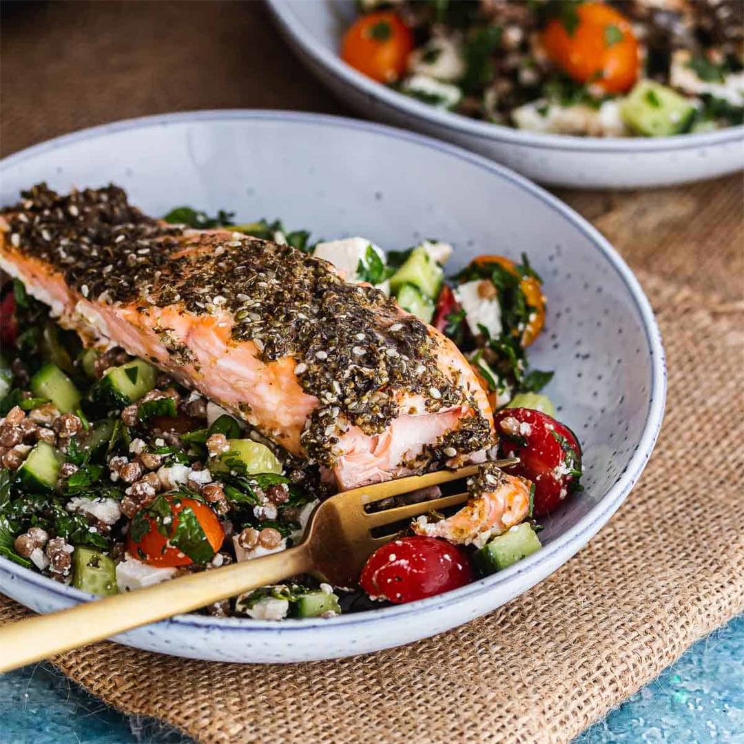 Salmon couscous with za'atar and feta