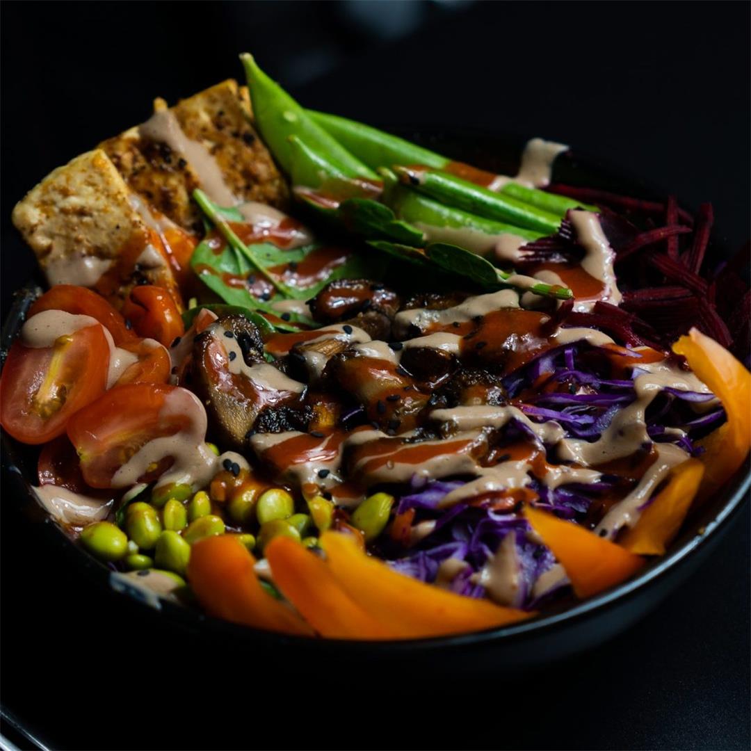 Tofu Mushroom Salad Bowl With Colorful Veggies (Vegan)