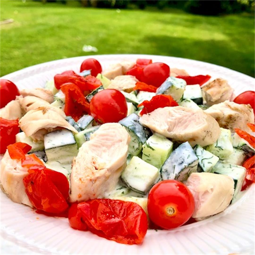 Cucumber Salad with dill dressing and grilled chicken